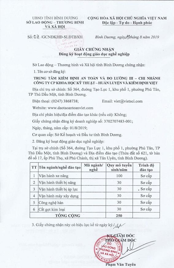 Giấy chứng nhận đăng kí hoạt động giáo dục nghề nghiệp - Trung tâm Kiểm định an toàn và đo lường III