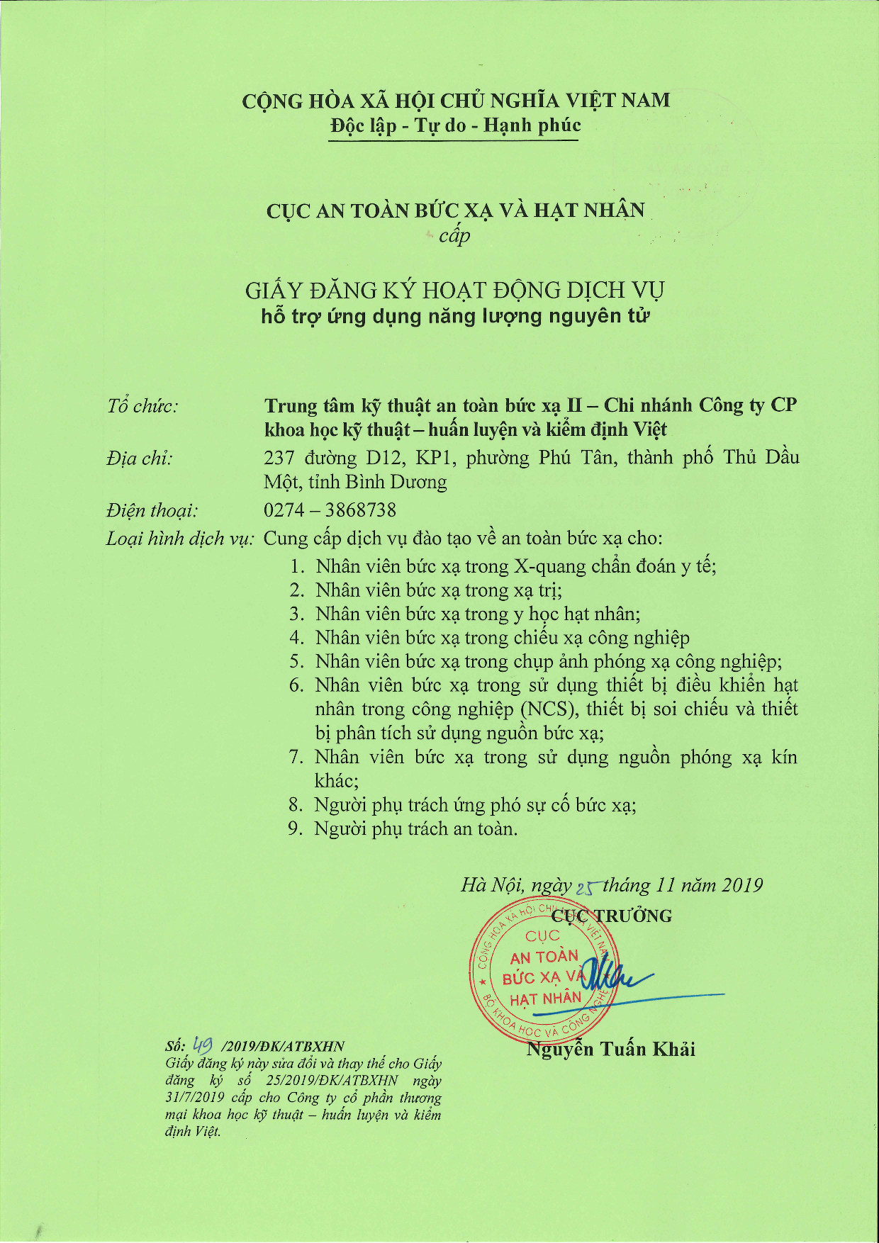 Giấy chứng nhận hoạt động đào tạo an toàn bức xạ - Trung tâm Kỹ thuật an toàn bức xạ II