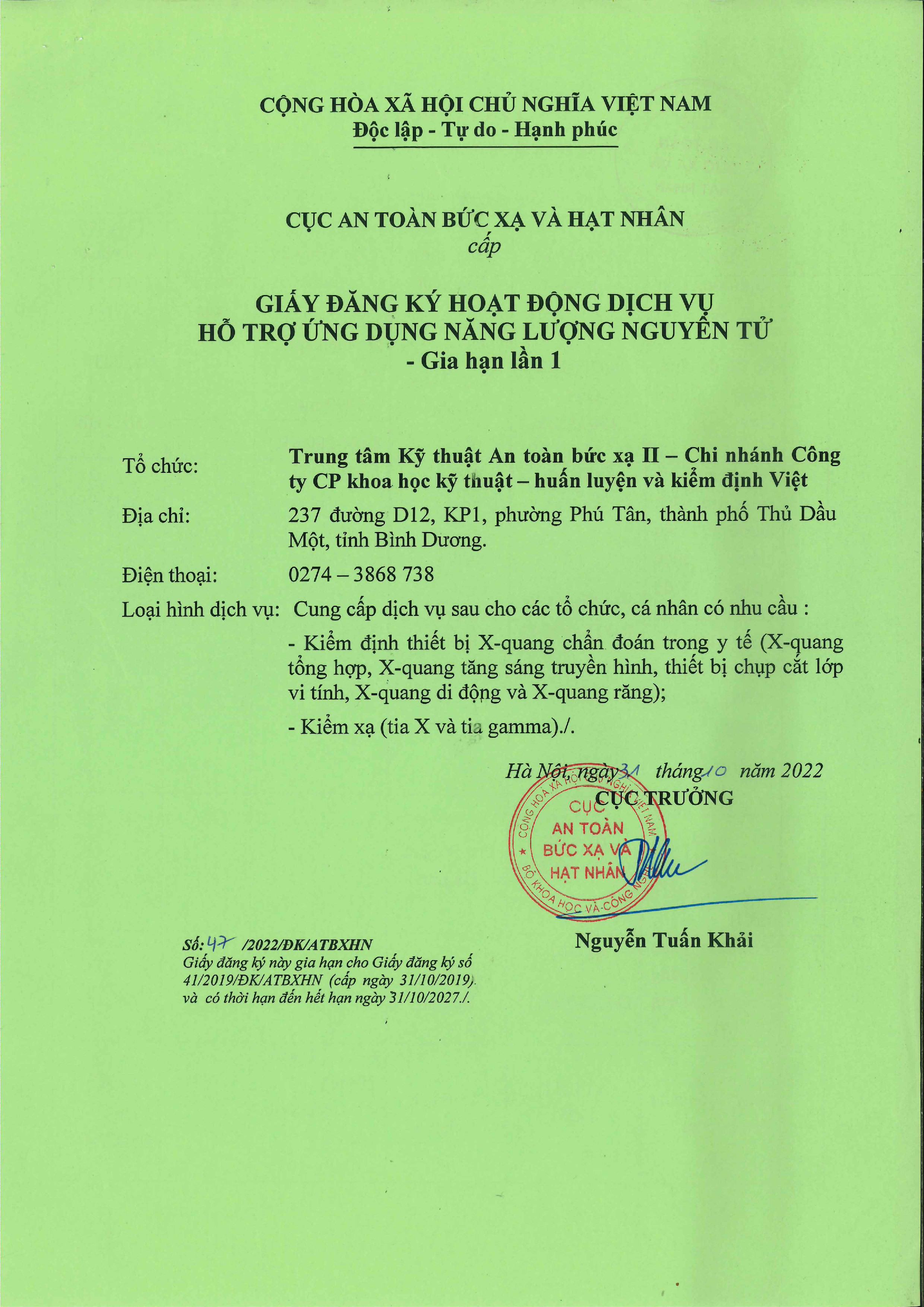 Giấy phép hoạt động dịch vụ kiểm định an toàn thiết bị bức xạ - Trung tâm Kỹ thuật an toàn bức xạ II