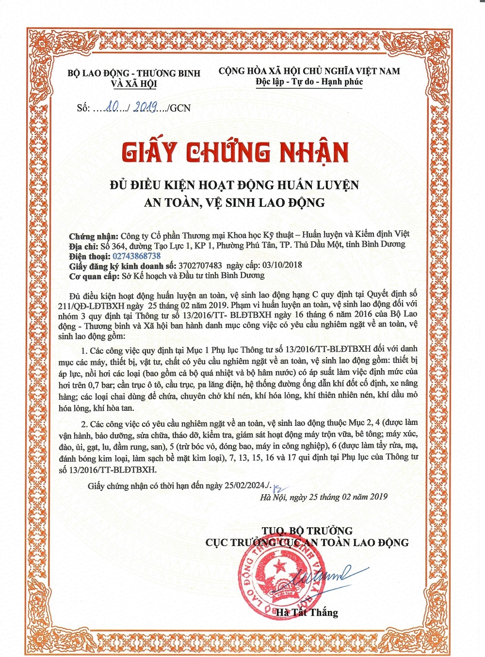 Giấy chứng nhận đủ điều kiện hoạt động huấn luyện an toàn, vệ sinh lao động -  Trung tâm Kiểm định an toàn và đo lường III